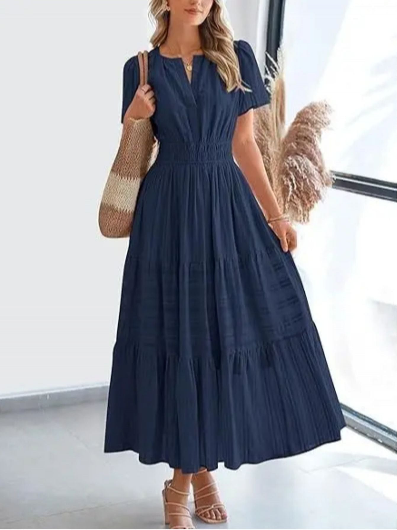 Elegant Women'S Pleated Puff Sleeve Layered Large Swing Dress, V-neck Machine Washable Casual to Formal Wear, Solid Color, Suitable for Spring and Summer, Easy Casual Women'S Wear