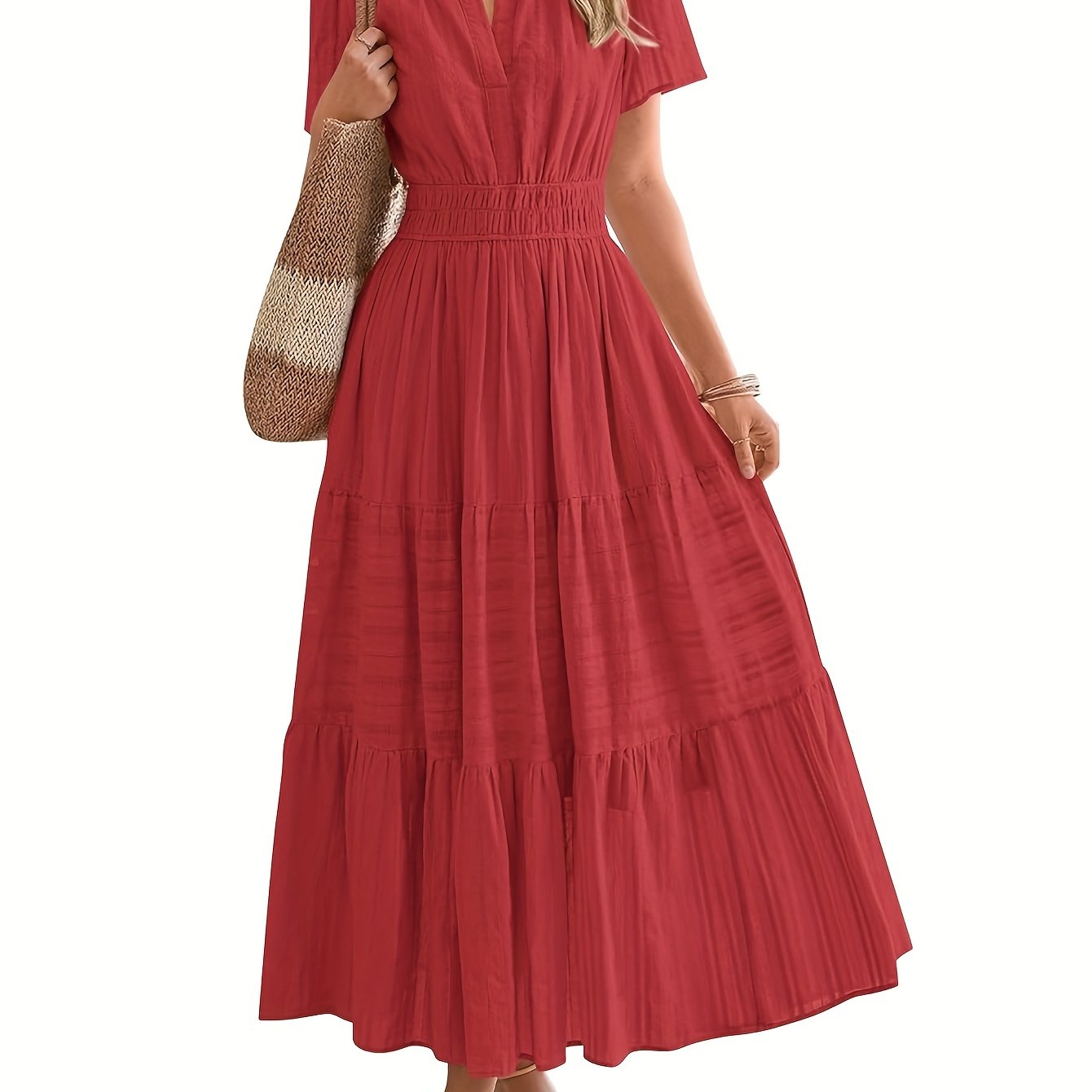 Womens Summer 2025 Casual Maxi Dresses Lightweight Short Sleeve V Neck Elastic Waist Boho Beach Dress Pockets