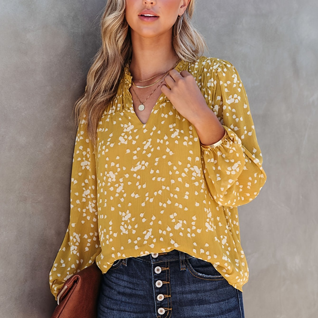 Women's Commuter Top, V-Neck, Long Sleeve Polka Dot Print, Pleated Blouse