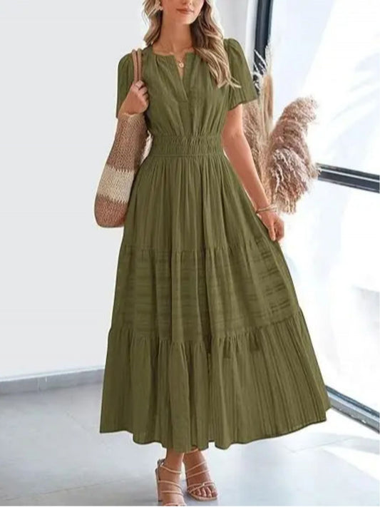 Elegant Women'S Pleated Puff Sleeve Layered Large Swing Dress, V-neck Machine Washable Casual to Formal Wear, Solid Color, Suitable for Spring and Summer, Easy Casual Women'S Wear