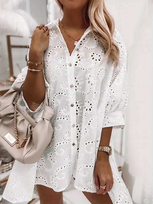 Women's Floral Eyelet Embroidery Collared Half Sleeve Blouses Button Casual Shirts