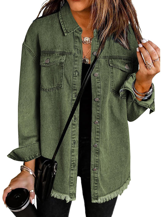 ELESOL 2025 Jean Jackets for Women Ripped Stretchy Blue Denim Jean Jacket Casual Long Sleeve Pockets Oversized Jackets Coat
