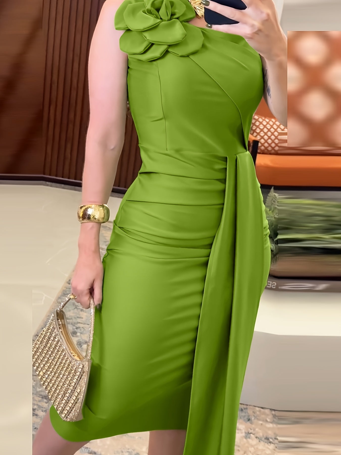 Women's Emerald Green 3D Floral Appliqué Square Neck Sleeveless Bodycon Dress with Ruched Waist & Side Ties - Mid-Length Party Dress for All Seasons, Dresses for Party, Evening Wear, Smooth Satin Finish