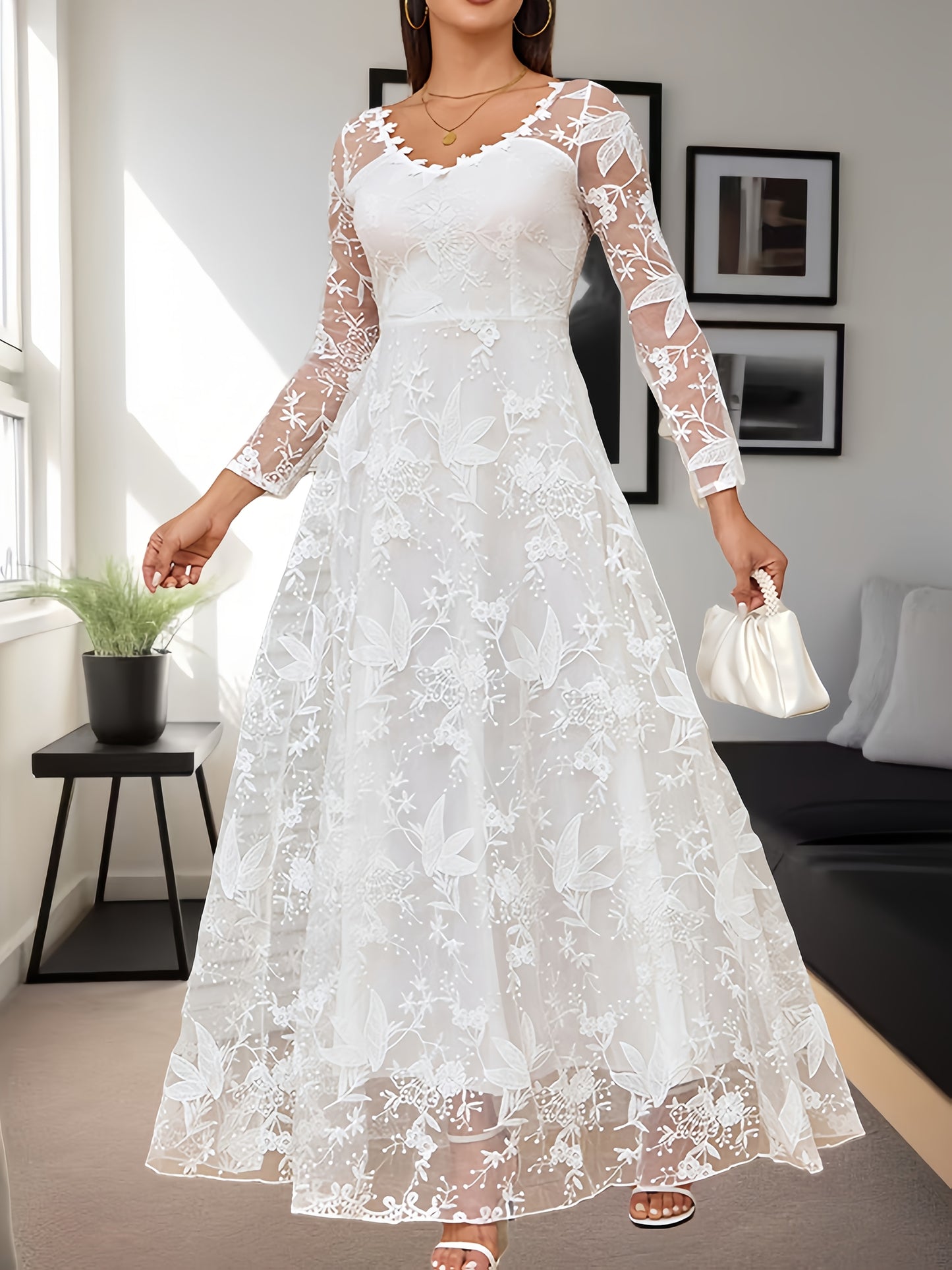 Plus Size, Spring And Autumn Season - Large Size Women's Dress - Long-sleeved One-shoulder Lace Dress - Formal Dress - Bridal Attendant Dress