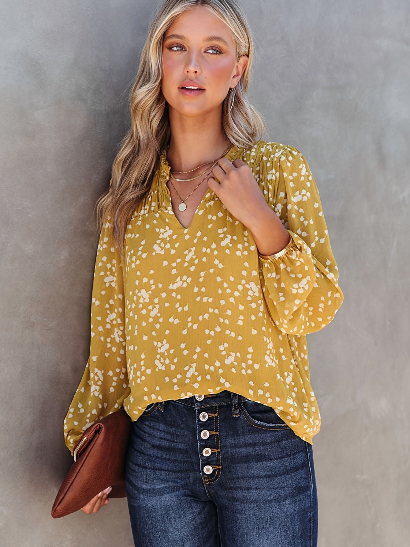 Women's Commuter Top, V-Neck, Long Sleeve Polka Dot Print, Pleated Blouse